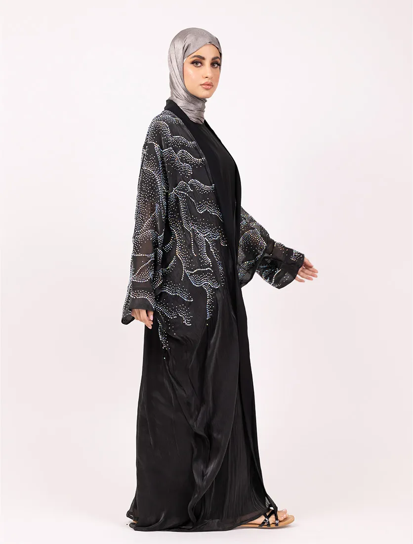 Black Crystal Embellished Sheer Overlay Abaya